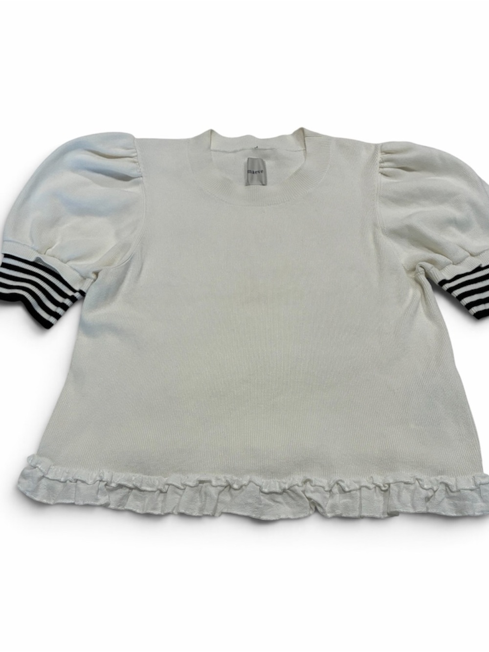 Maeve White Puff Sleeve Top with Black Striped Cuffs